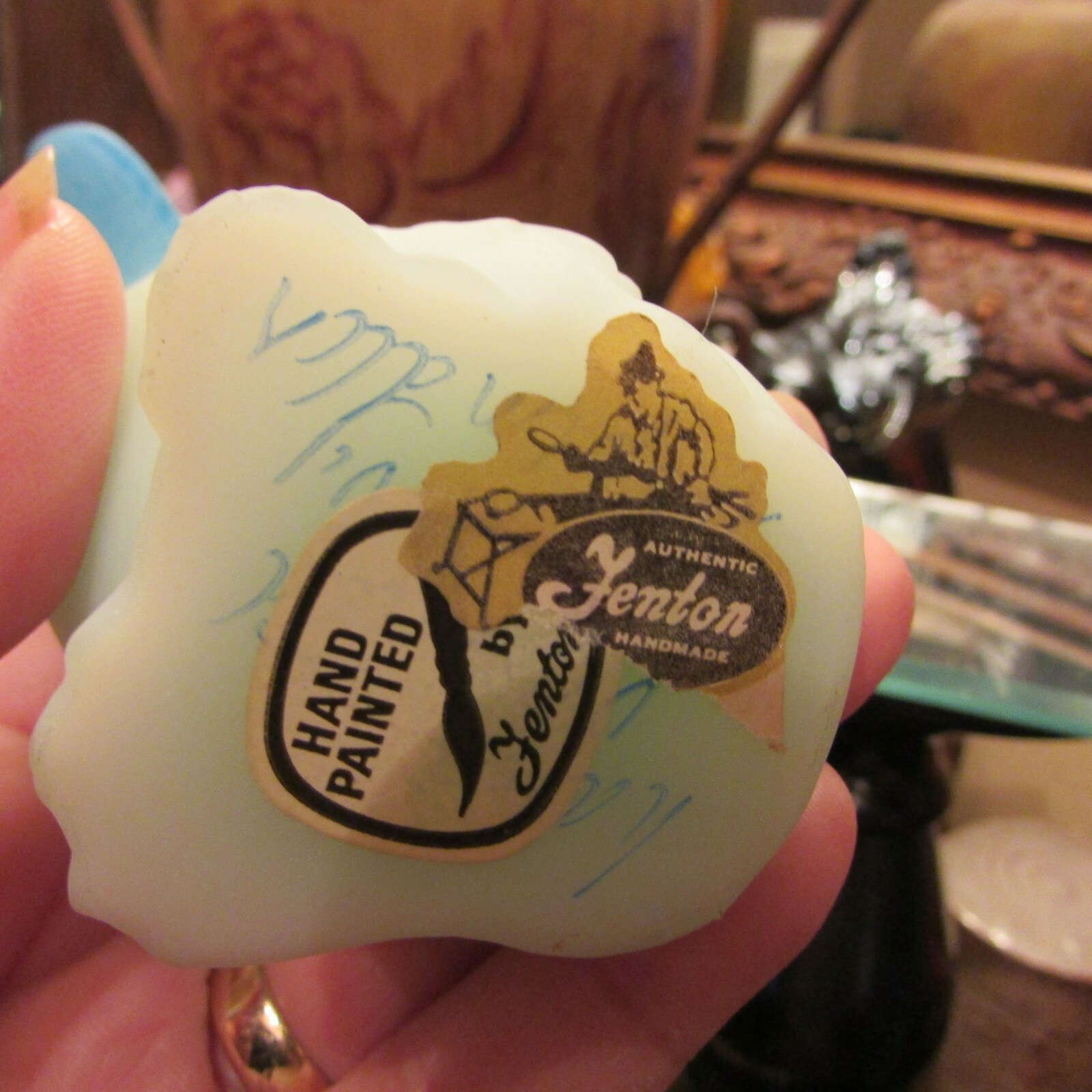 BEAUTIFUL FENTON BLUE ROSES ON BLUE SATIN   HAND PAINTED AND SIGNED  DUCK