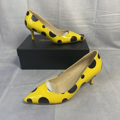 Reindee Lusion Low Kitten Comfortable Stiletto Heels Black & Yellow Dots-Size 8