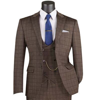 VINCI Men's Brown Plaid Stretch 3-Piece Slim-Fit 2-Button Suit - NEW