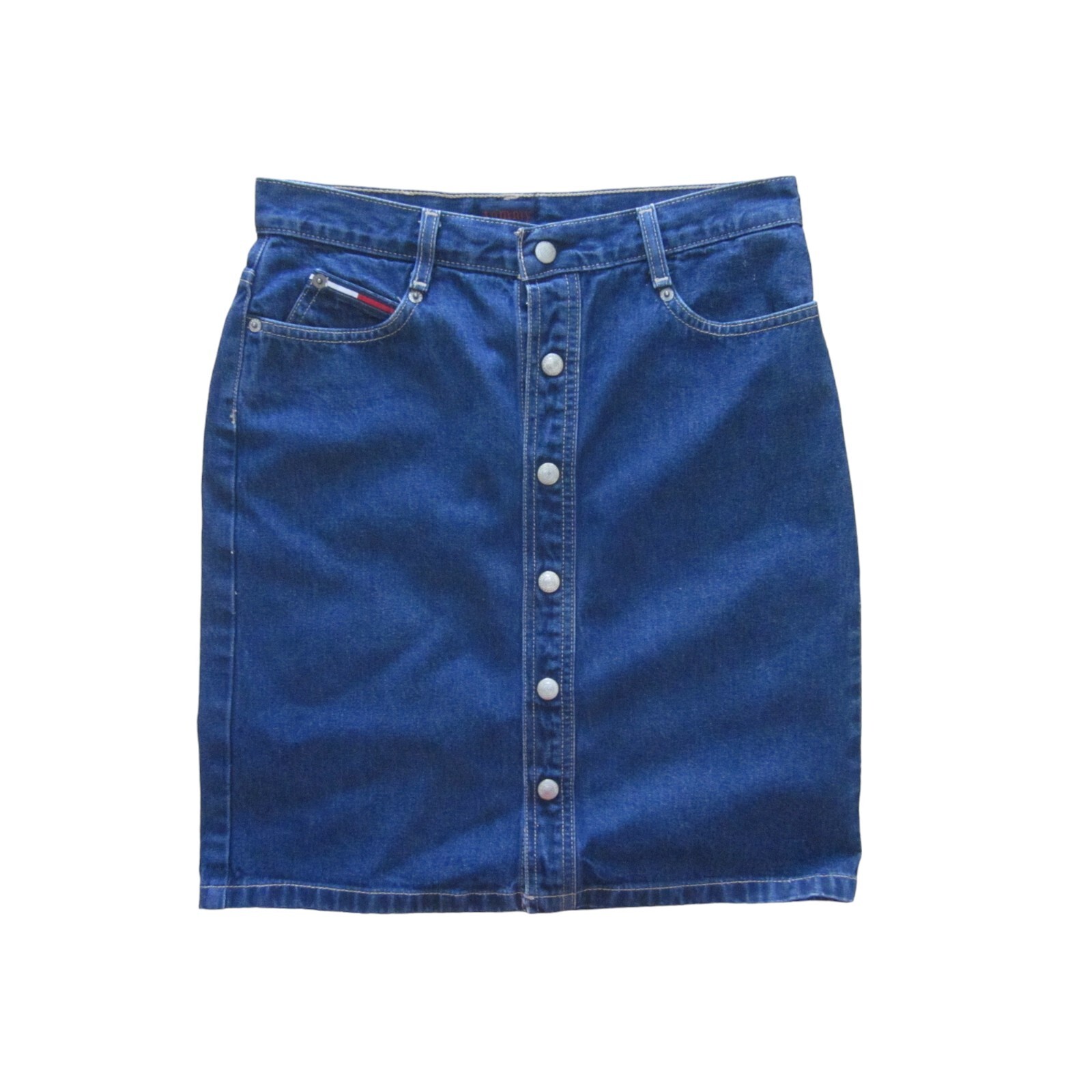 【Anyone more】Damage Vintage Black Blue Denim Mini Skirt VTG TOMMY JEANS Dark Blue Snap Front Denim Mini Skirt Sz 5