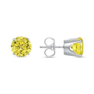 Pre-owned Shine Brite With A Diamond 3.50 Ct Round Cut Canary Earrings Crown Set Studs Solid 14k White Gold Push Back