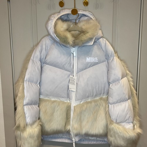 Pre-owned Nike Womens Nrg X Sacai Parka Down Fill Faux Fur Sz-lg Pure Platinum Ct3267- 043 In Silver