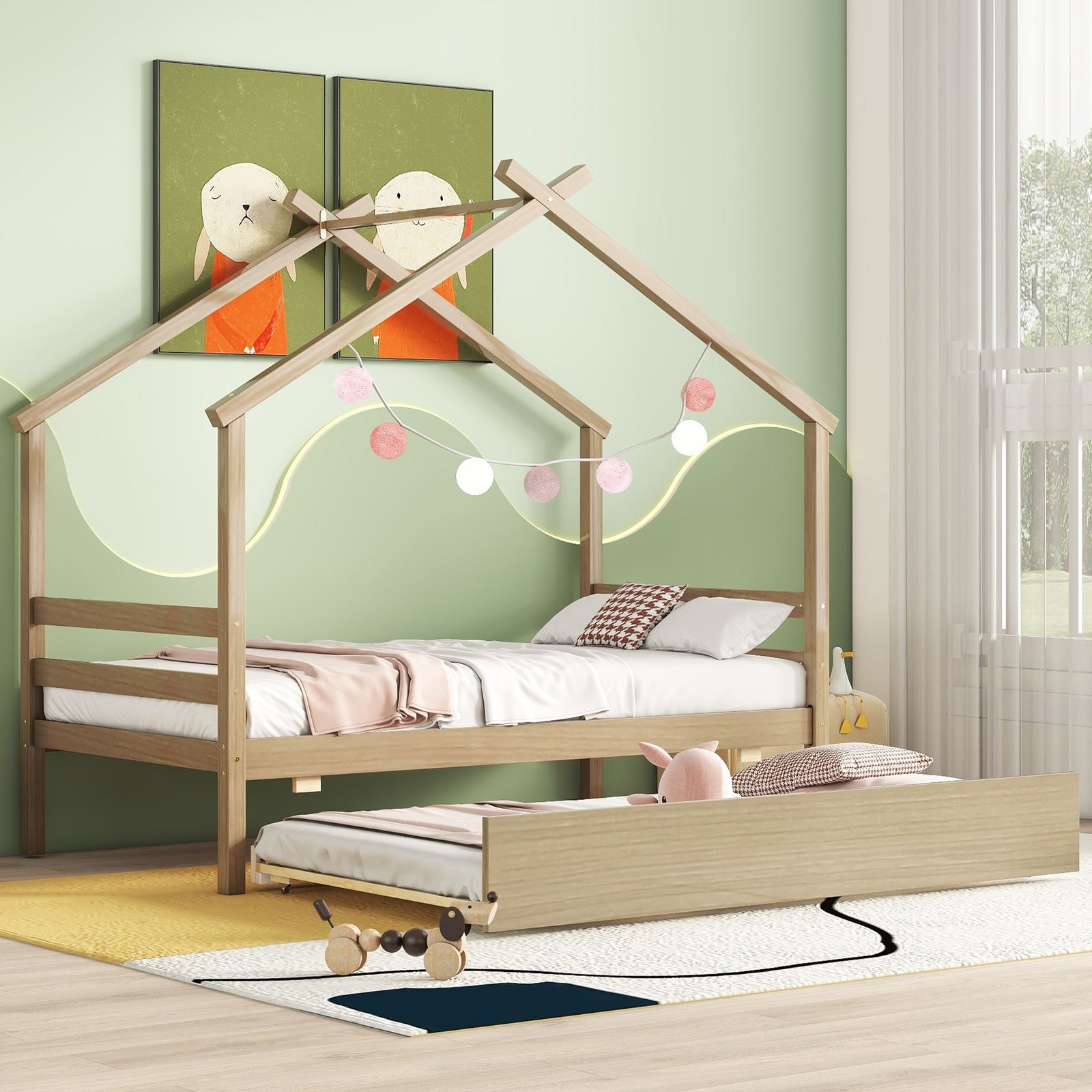 W/headboard Trundle Wood Slatted Natural