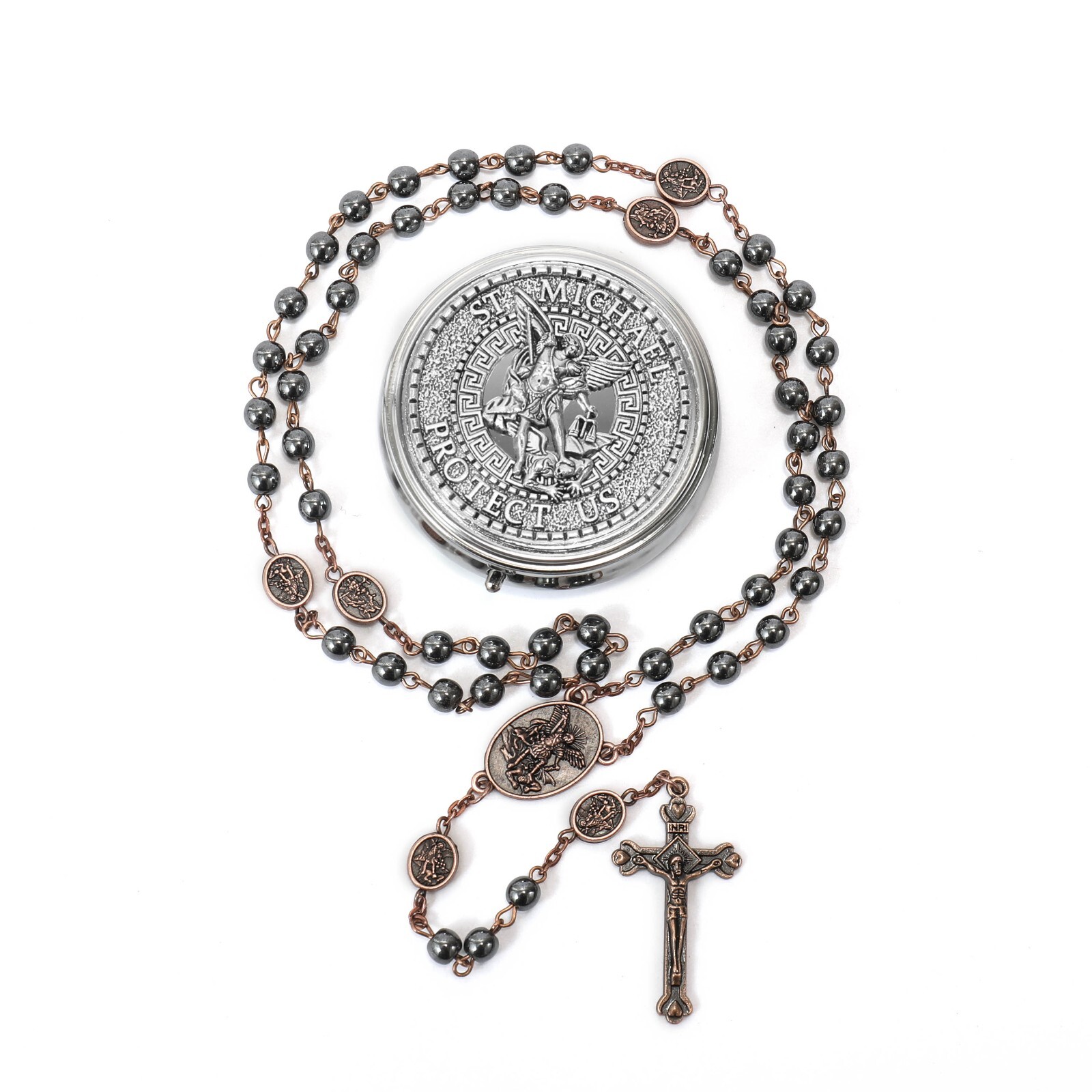 Antique Copper St Michael Black Hematite Stone Beads Rosary Necklace - Metal Box