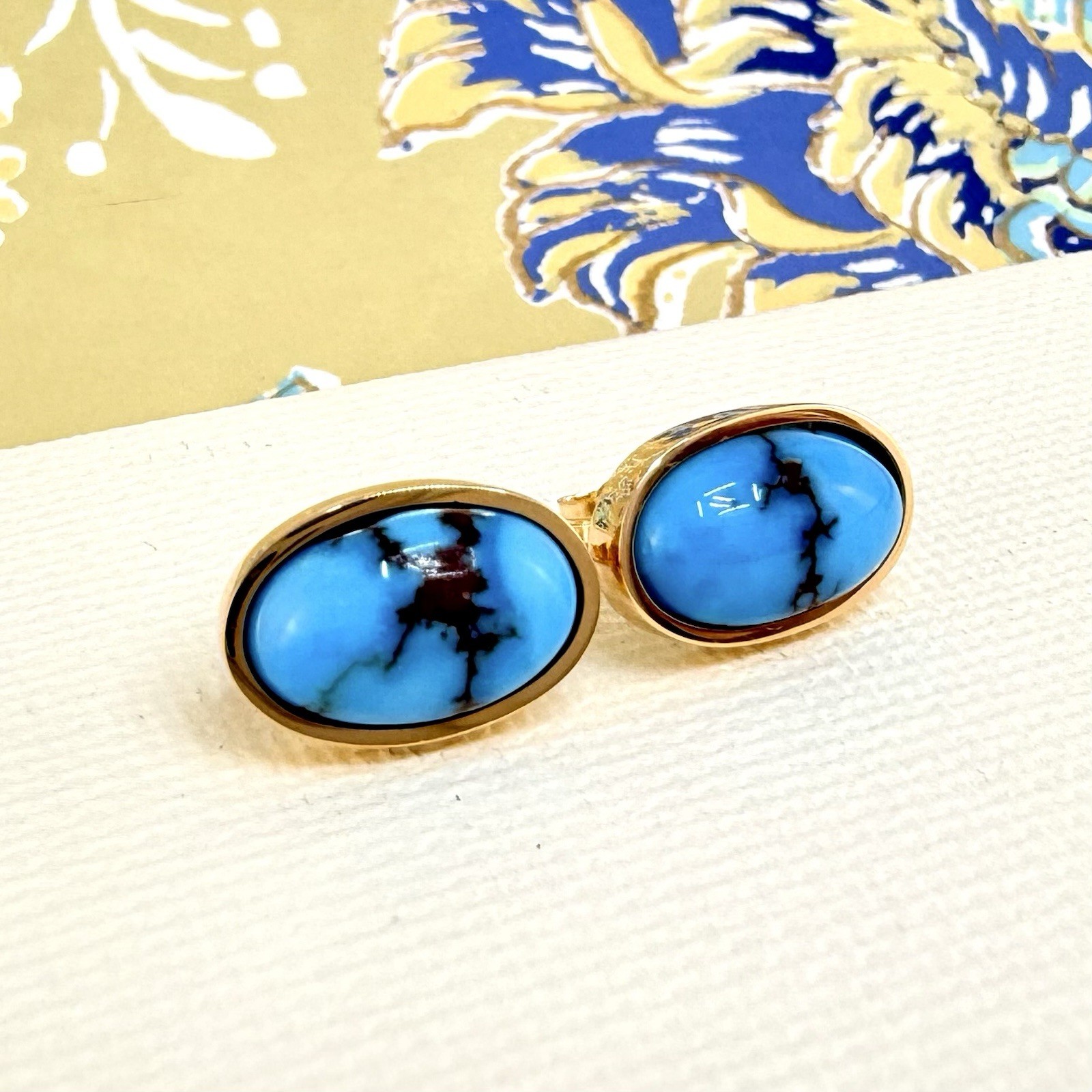 14k Yellow Gold Egyptian Turquoise Custom Made Stud Earrings, New Pair #1 - Picture 5 of 8
