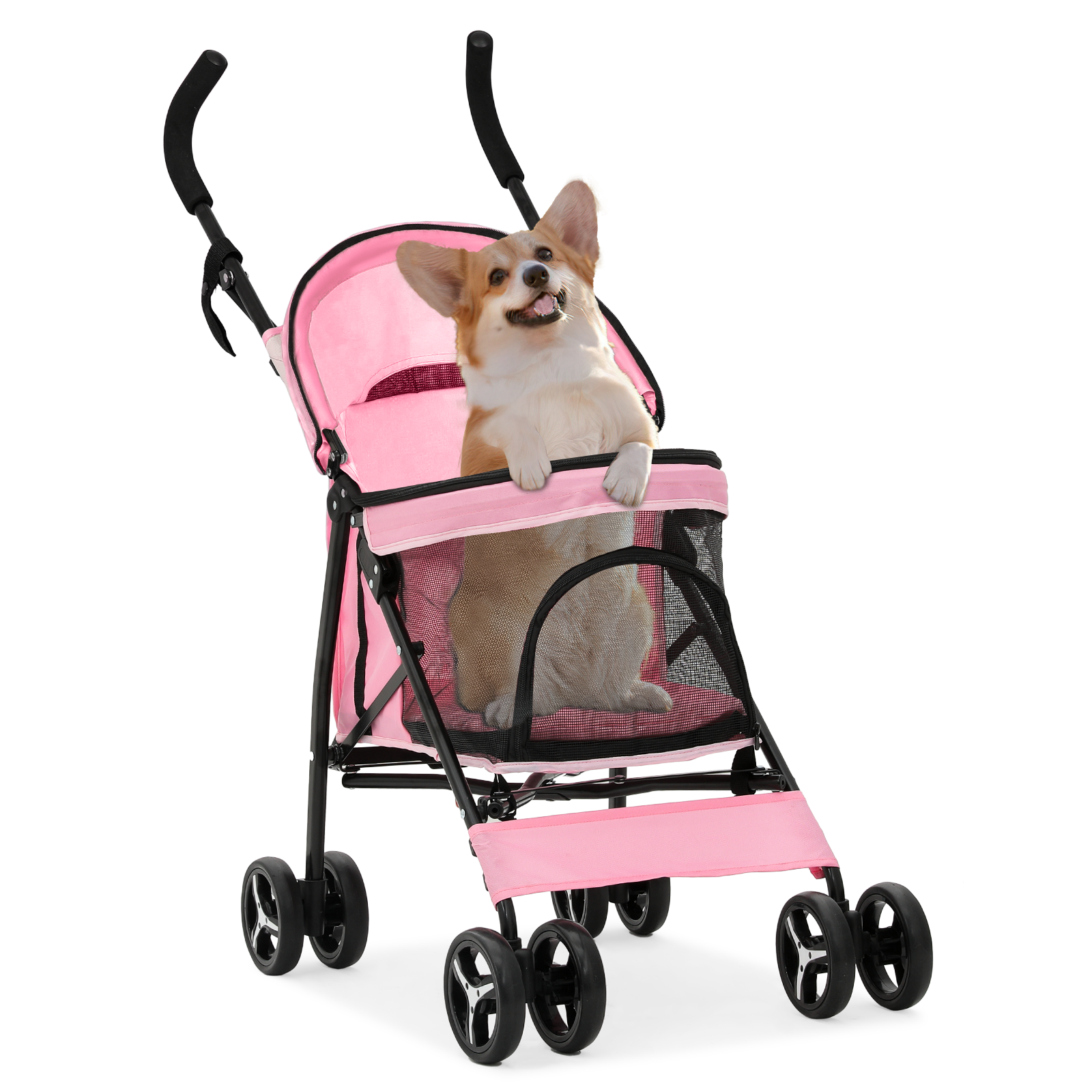 Pink Foldable Dog Stroller Adjustable Canopy Breathable Pet Travel Carrier Cart