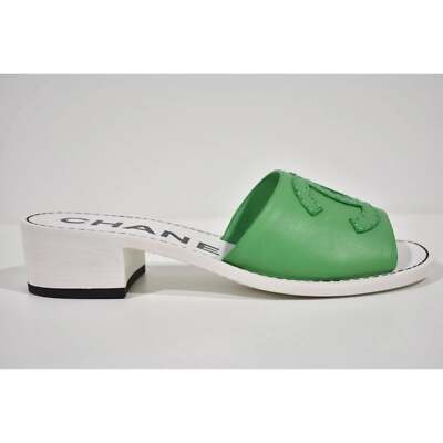 Pre-owned Chanel 22s Green Calfskin Leather White Cc Logo Mules Slide Sandal Heel Flat 37