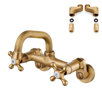 Antique Brass Wall Mounted Kitchen Faucet Wall Mount Laundry Sink Faucet 4 In...