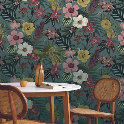 Tropical Flowers Priya Wallpaper 284279 Petrol Blue Jungle Leaves Floral Rasch