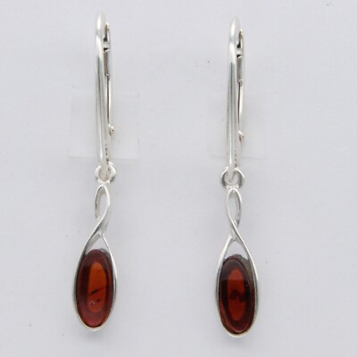 Cognac / Brown BALTIC AMBER Oval Leverback Earrings 925 STERLING SILVER #1549e