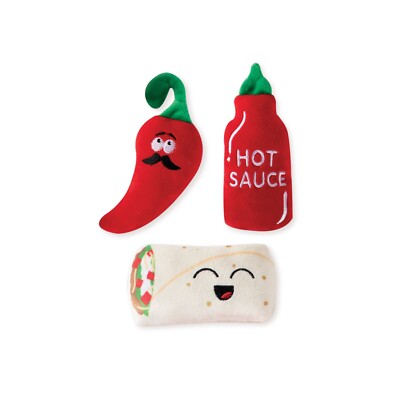 NEW! HOT & SPICY DOG TOY 3pc SET MINI PLUSH BURRITO PEPPERS SAUCE w/ SQUEAKERS