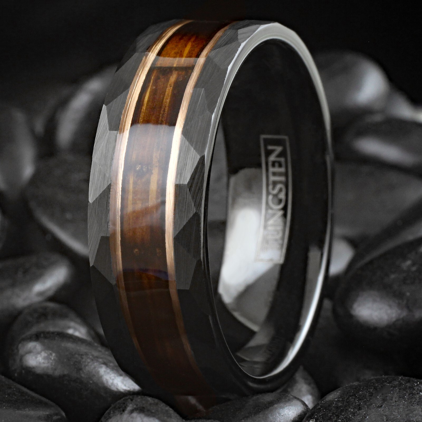 Black Tungsten Men's Ring Charred Whiskey Barrel Rose Gold Plated Wedding Band