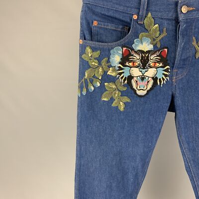 GUCCI Size 34 Blue Multi-Color Embroidery Denim Straight Jeans | eBay