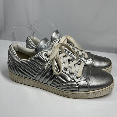 PRADA Leather Silver Quilted Metallic Logo Trainer Sneakers Sz 40 US10 Italy