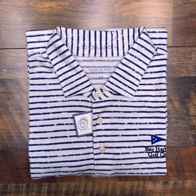 B Draddy Polo Shirt Mens Medium White Blue Striped Bay Harbor Michigan Golf New