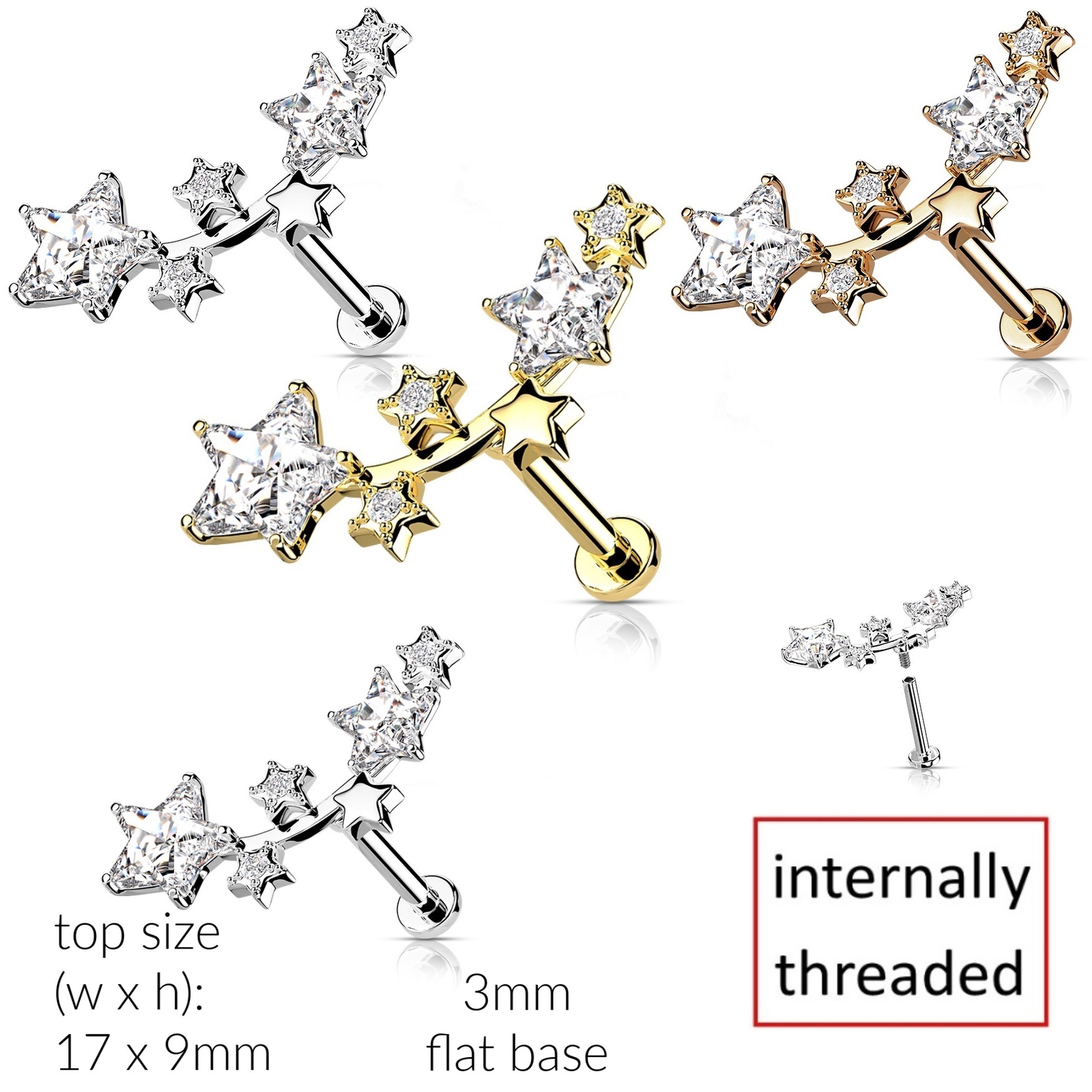 CZ Star Cluster Labret | Internally threaded 6 or 8mm Bar | Cartilage Helix