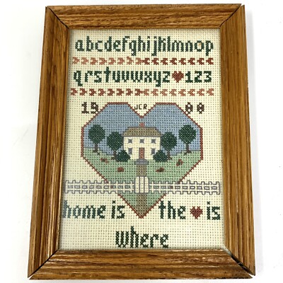Vtg 1980 Finished Cross Stitch Sampler Home is the Where the Heart is FRAMED