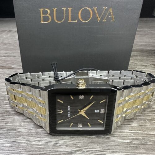 Pre-owned Bulova New✅  Quadra Diamond Date Black Dial Rectangle Two Tone Men's Watch 98d153
