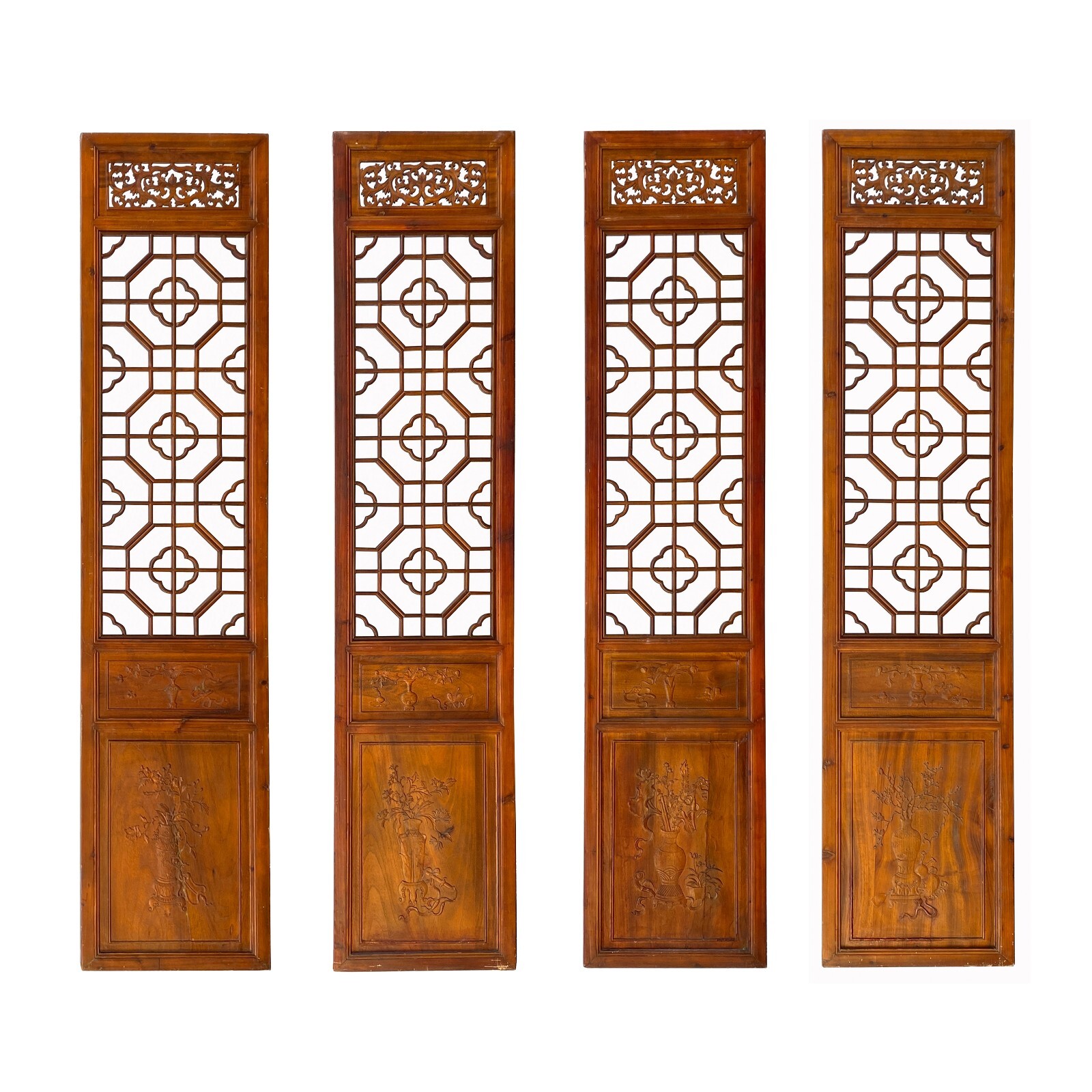 Chinese Brown Geometric Pattern Theme Wood Panel Floor Screen 4pcs cs7558S Chinese Brown Geometric Pattern Theme Wood Panel Floor Screen 4pcs cs7558S