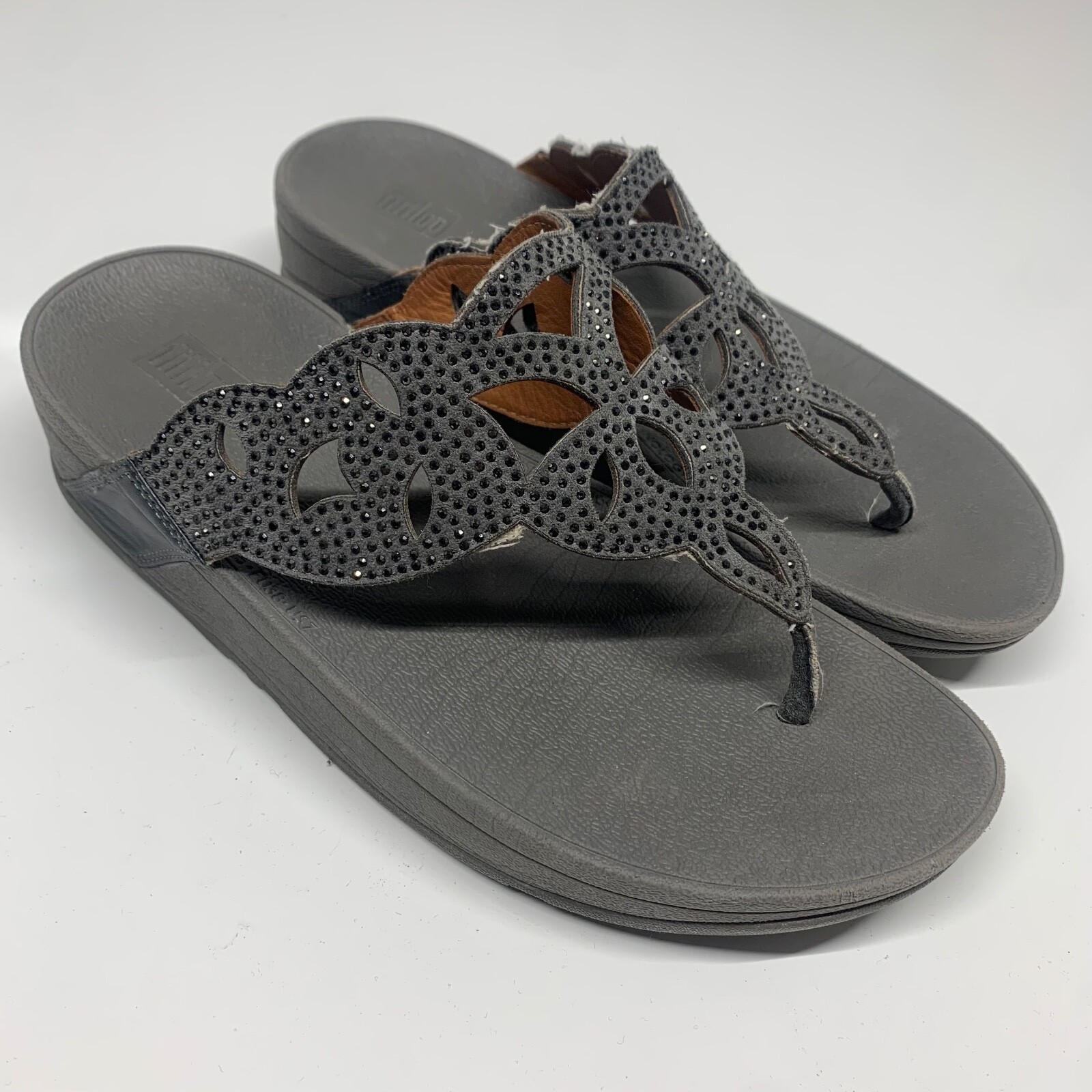 Fitflop Elora Gray Crystal Wedge Thong Sandals Womens Sz 7