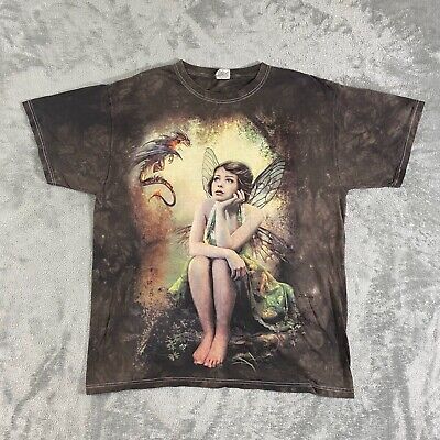 The Mountain T Shirt Mens Large Brown Tie Dye Fairy Dragon Graphic Print Cotton