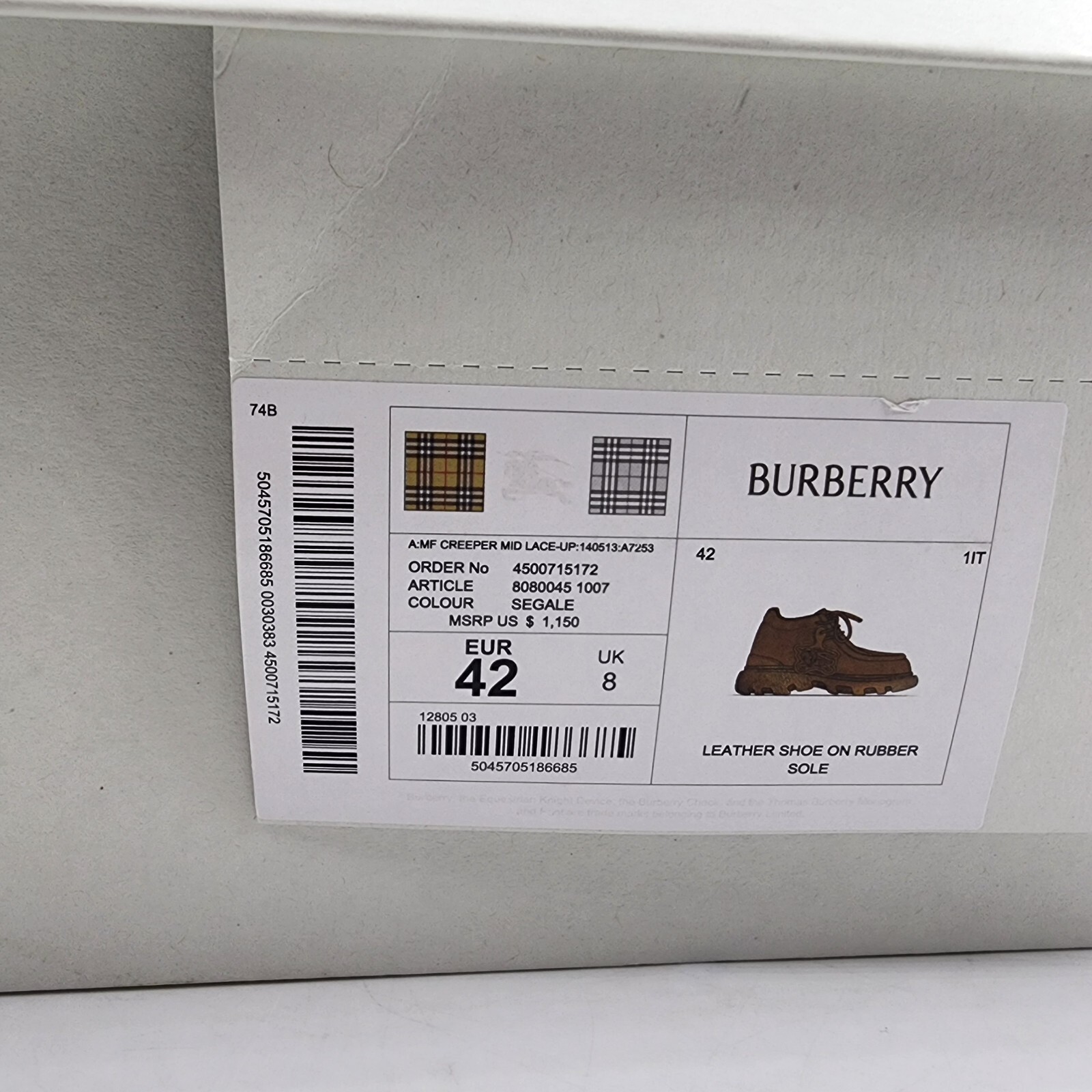 Burberry Nubuck Creeper Lace Up Mid Shoes Men's 42/9 US Segale Round Toe - Picture 4 of 19