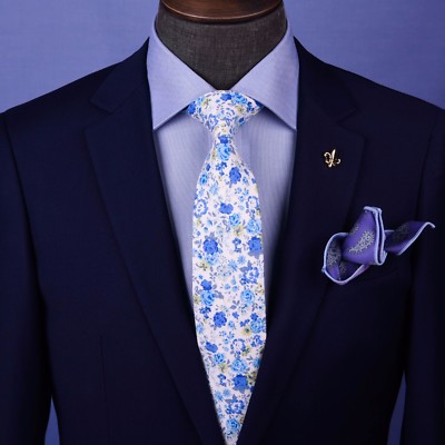 Multi Colored Floral 3'' Blue White Tie Designer Cotton Woven Necktie Sexy Luxury