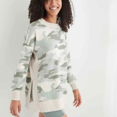 aerie good vibes oversized camo side slit womens sweatshirt size medium 176255596974