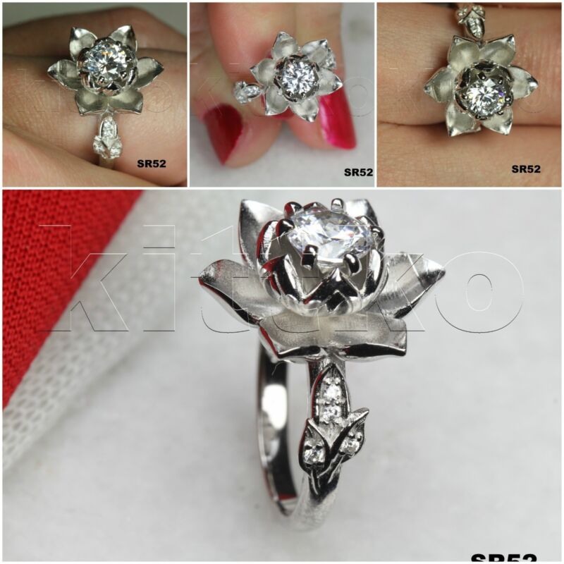 0.92ctw Lotus Round Cut Solitaire Ladies 925 Silver Engagement Ring Promise Ring