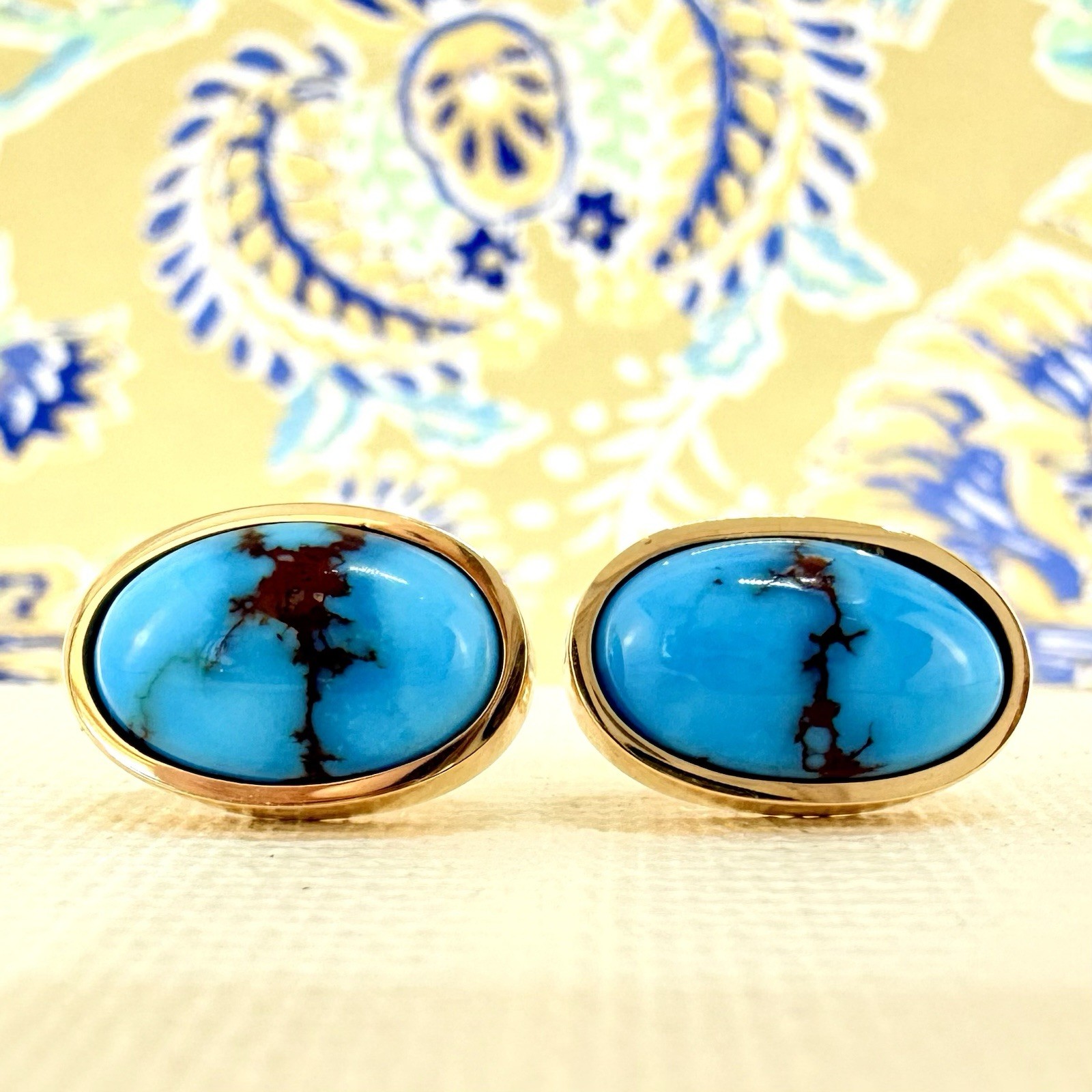 14k Yellow Gold Egyptian Turquoise Custom Made Stud Earrings, New Pair #1 - Picture 3 of 8