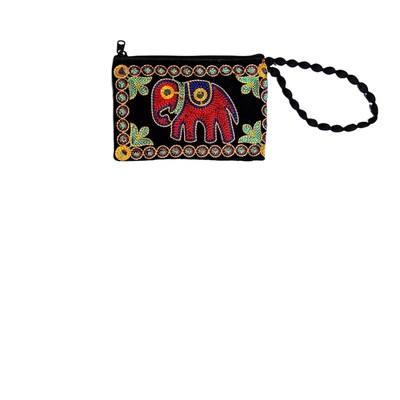 NEW Elephant Wristlet Bag Pouch Zip Top Handmade India Pink Black Green