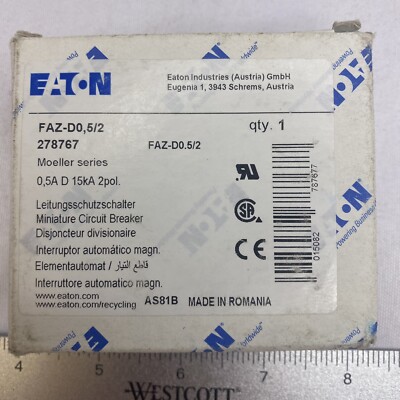 Eaton FAZ-DO5/2 2 Pole 277/480 VAC 0.5 Amp Circuit Breaker 15kA Moeller Series