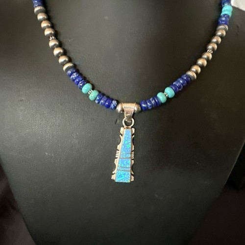 Pre-owned Handmade Mens Blue Turquoise Lapis Opal Pendant Navajo Sterling Silver Necklace 20" 17896