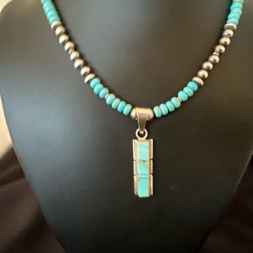 Pre-owned Handmade Blue Kingman Turquoise Inlay Pendant Navajo Sterling Silver Necklace 21” 16930