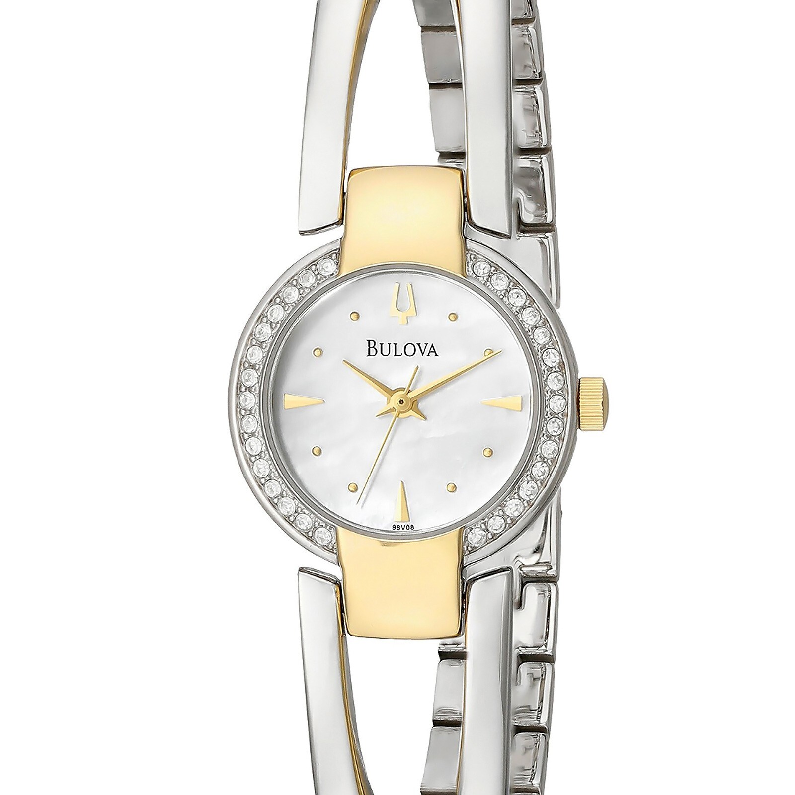 Женские наручные часы BULOVA с кристаллами, белый циферблат MOP, двухцветный браслет из золота и серебра