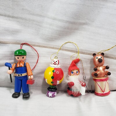 Wooden Christmas Ornaments Painted Construction Worker Circus Bear Santa Vintage