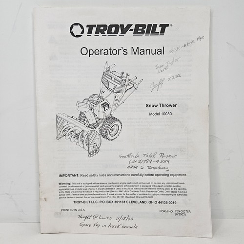 Operators Instruction Manual Troy Bilt Snow Blower