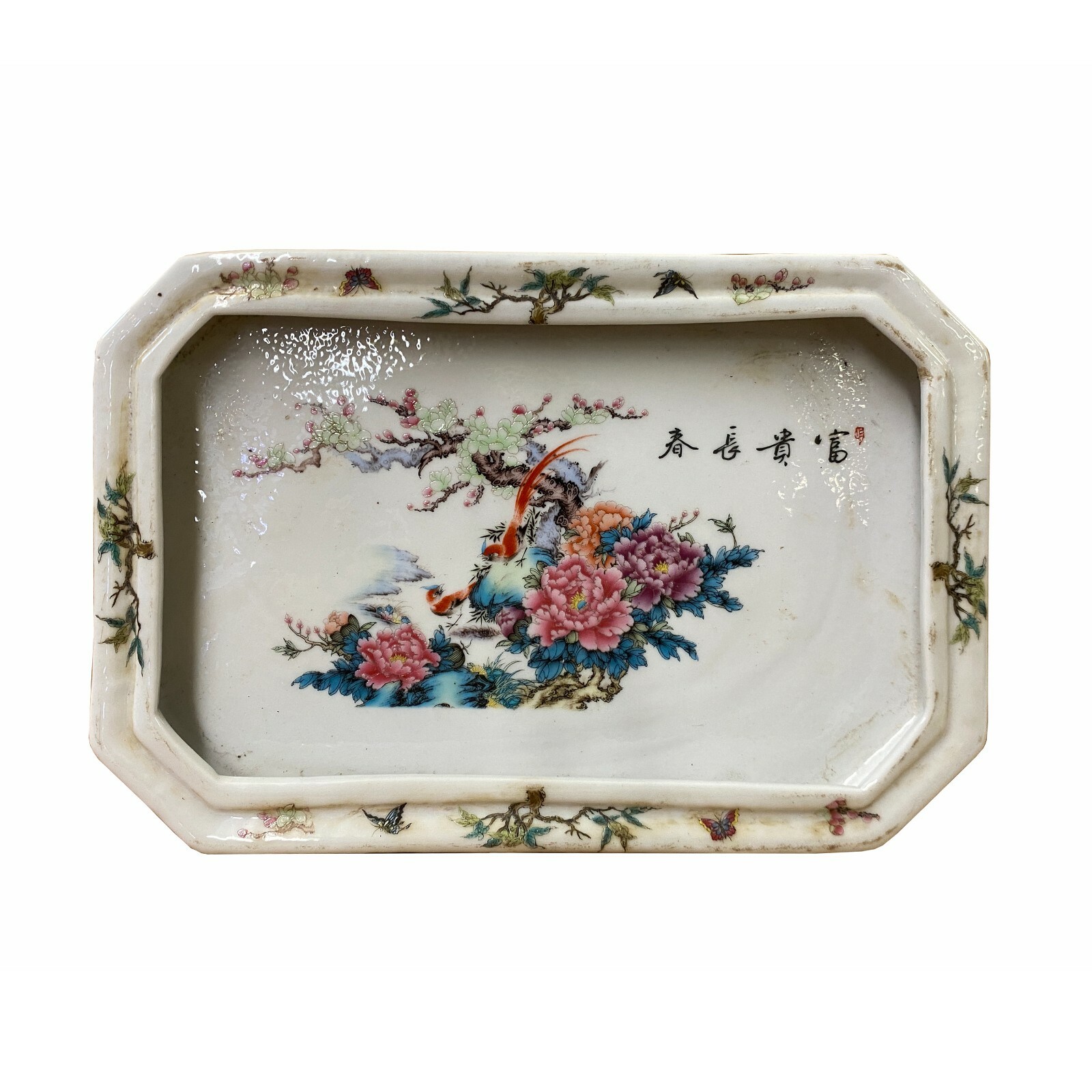 Chinese Off White Porcelain Flower Birds Rectangular Display Plate ws1819S Chinese Off White Porcelain Flower Birds Rectangular Display Plate ws1819S