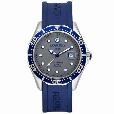 Pre-owned Roamer 867833 41 55 02 Men's Rockshell Mark Iii Scuba Silicone Wristwatch In Silver/blue/grey