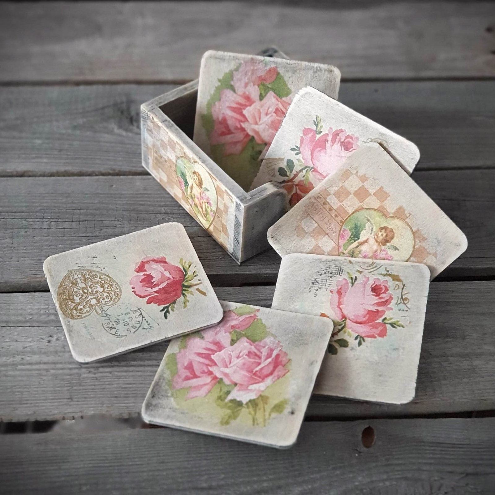 Vintage Holzuntersetzer Set Landhaus Shabby für Tassen Becher Holz Handarbeit