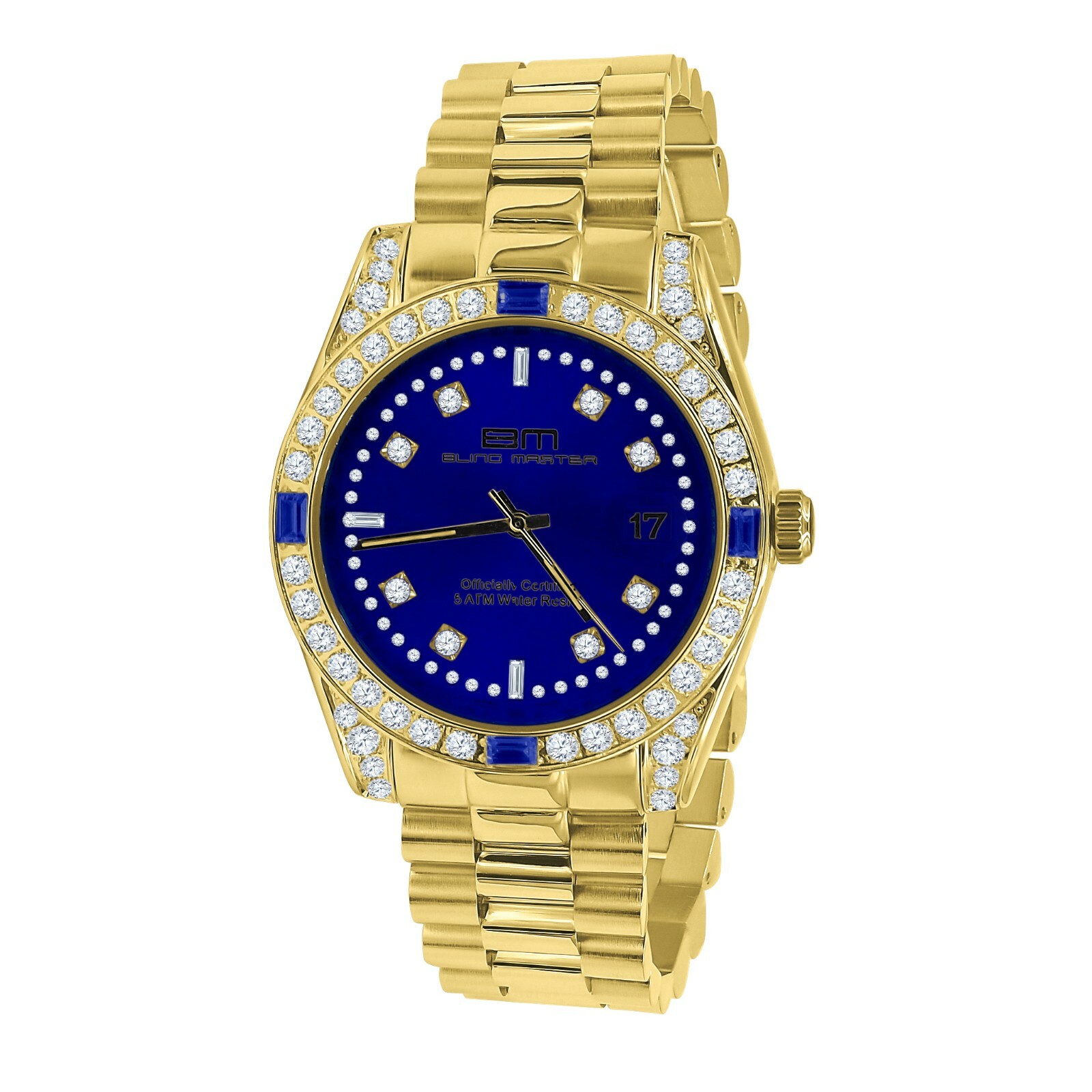 Pre-owned Bling Master 18k Gold Tone Solid Steel Blue Dial Simulated Diamonds Mens President Watch 40mm