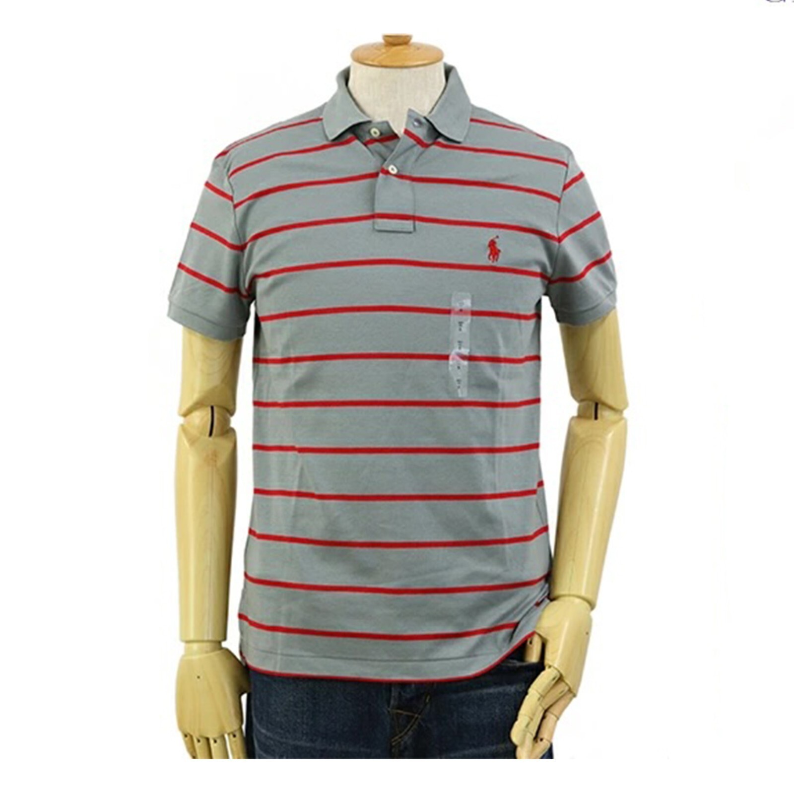 Polo Ralph Lauren Short Sleeve Soft Touch Striped Polo Shirt - Grey w/ Red - XS