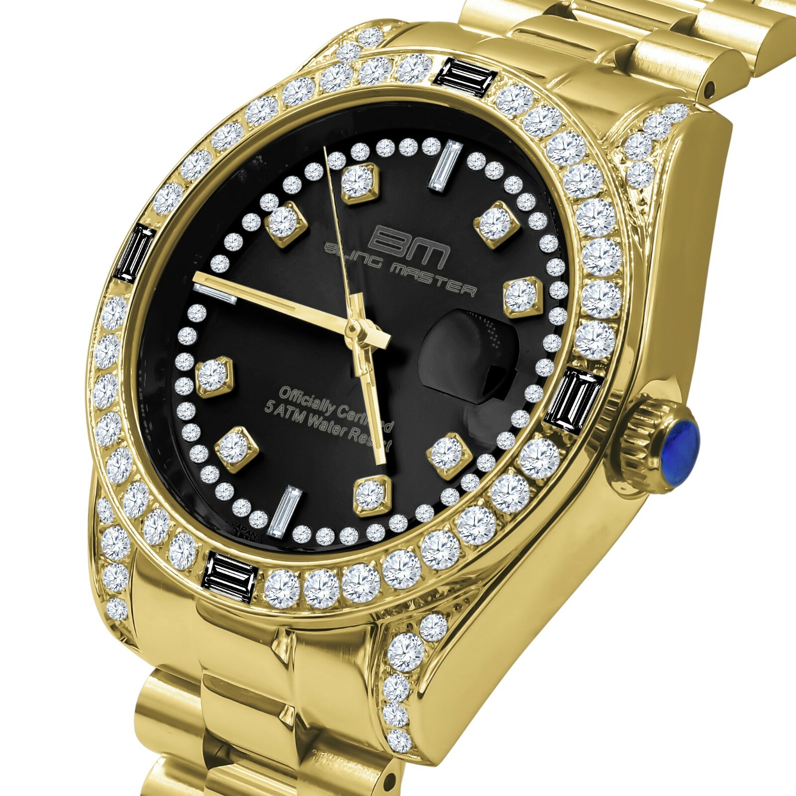 Pre-owned Bling Master Solid Steel 18k Gold Tone Black Dial Simulated Diamond Mens President Watch 40mm