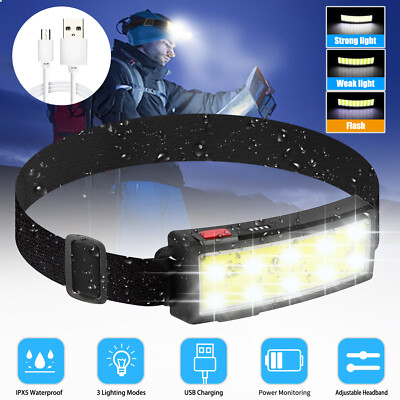 USB Rechargeable COB LED Headlamp Headlight Torch Work Light Bar Head Band Lamp