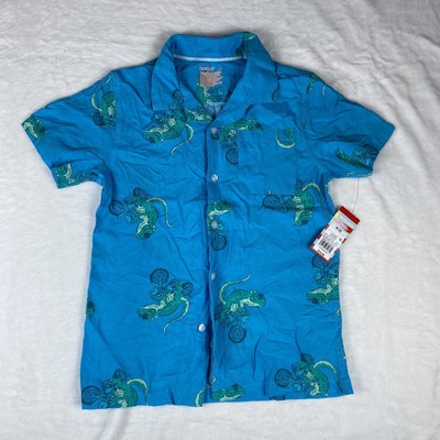 Cat & Jack Shirt Boys Medium Blue Lizard Bicycle Print Short Sleeve Button Down