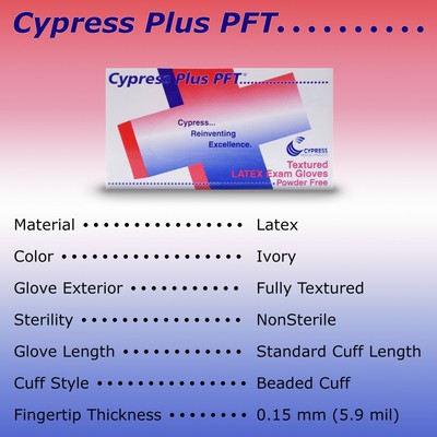 Cypress Plus PFT Latex Exam Glove Standard Cuff Length MEDIUM 100 per Box