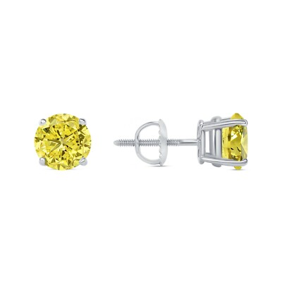 Pre-owned Shine Brite With A Diamond 2 Ct Round Cut Canary Earrings Studs Solid Real 18k White Gold Screw Back Basket In White/colorless