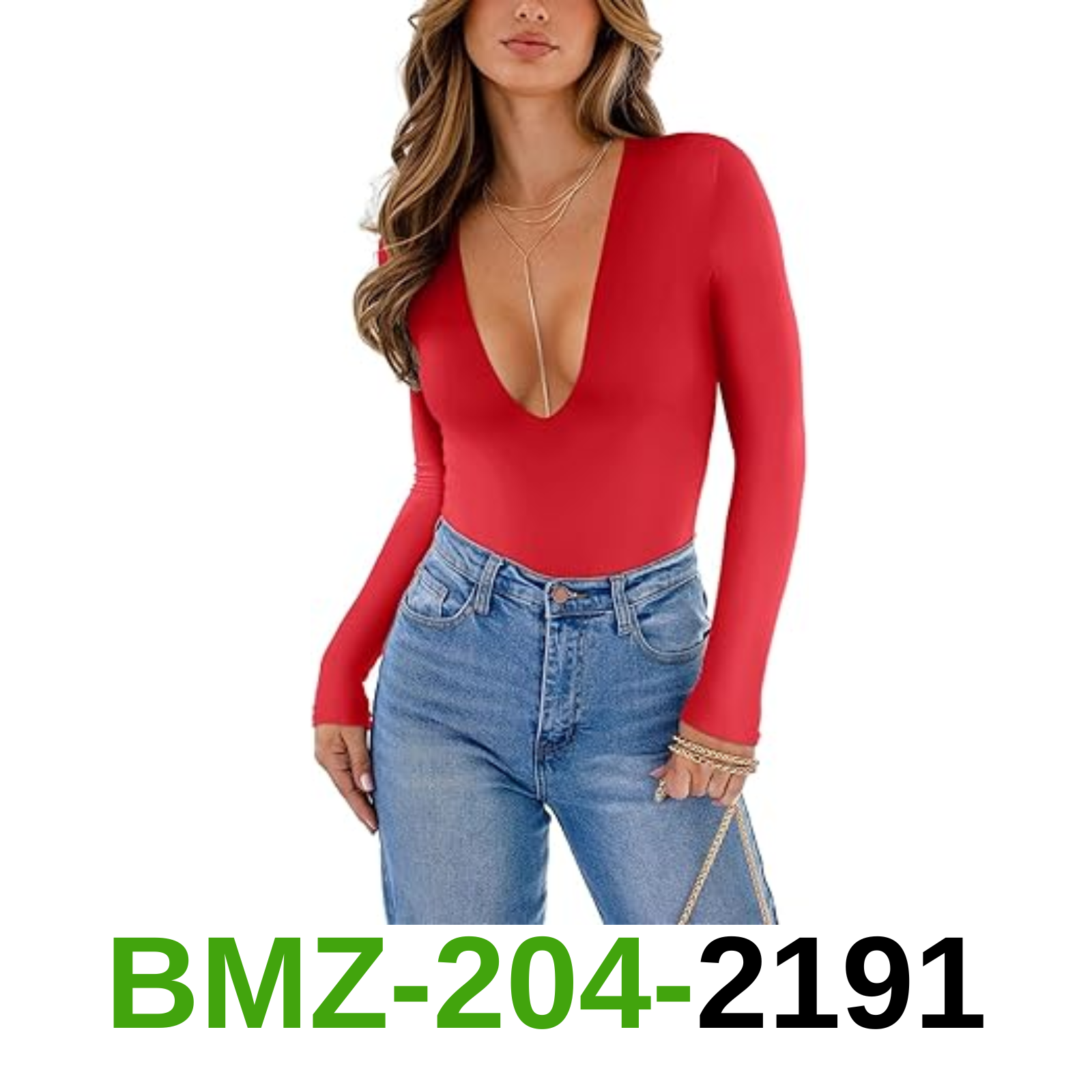 REORIA Long Sleeve Low Cut Thong Bodysuit Shirts For Women Sexy Cute V Neck, S