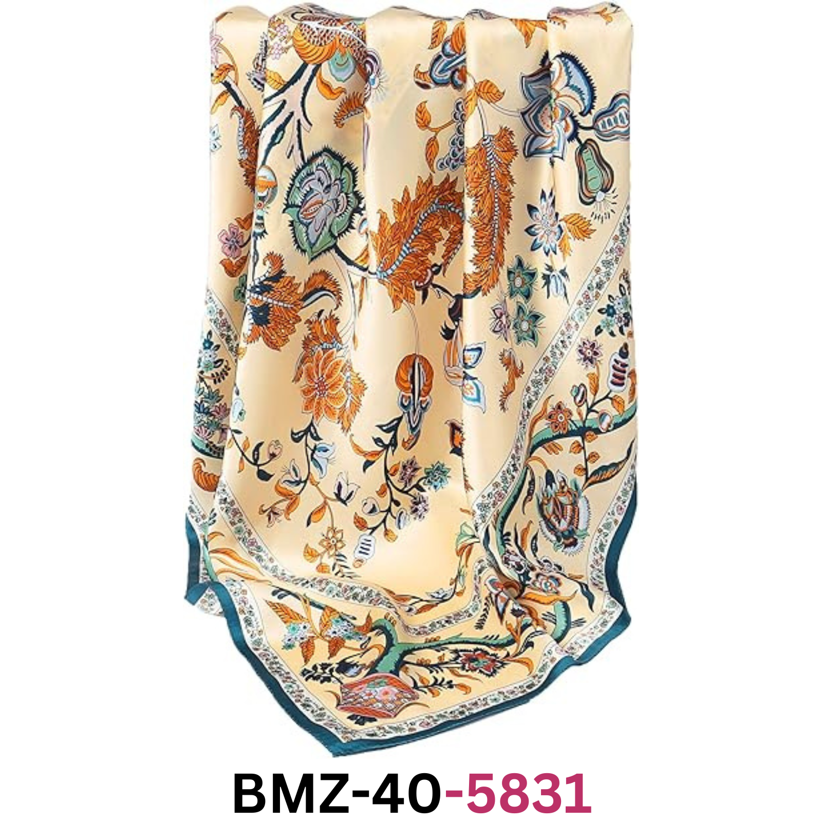 Grace Scarves 100% Silk Scarf, Extra-Large, Beanstalk, Creme with Teal Trim