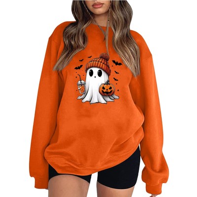 Women Ghost Sweatshirt Halloween Spooky Pullover Graphic Blouse Long Sleeve Tops